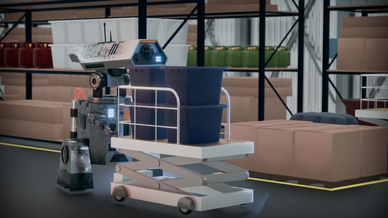A rendered industrial robot pushing a scissor-lift cart between warehouse shelves