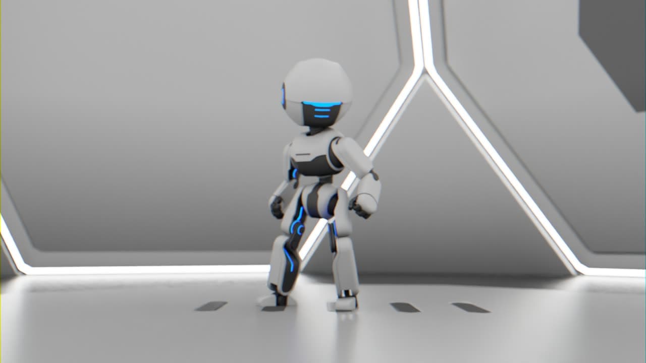 A white humanoid robot with blue accents standing in a lit hexagonal room