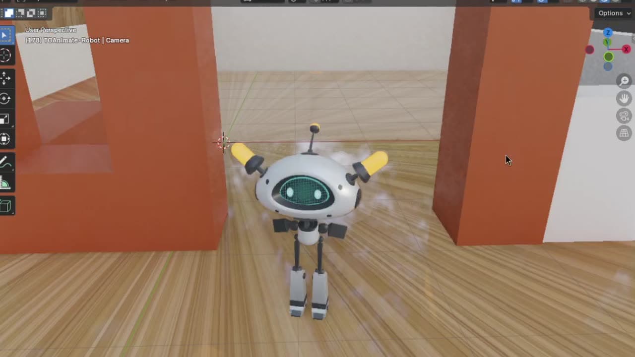 A small two-legged robot walking through a modelled house with orange walls
