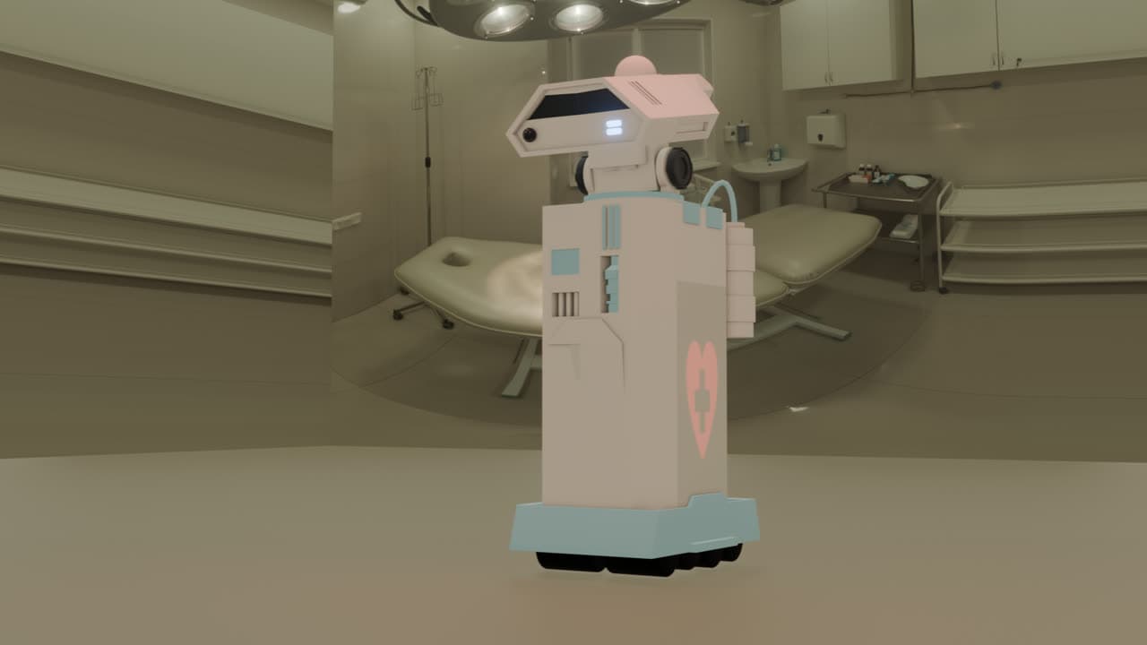 A rendered hospital assistance robot with a heart symbol standing in a treatment room