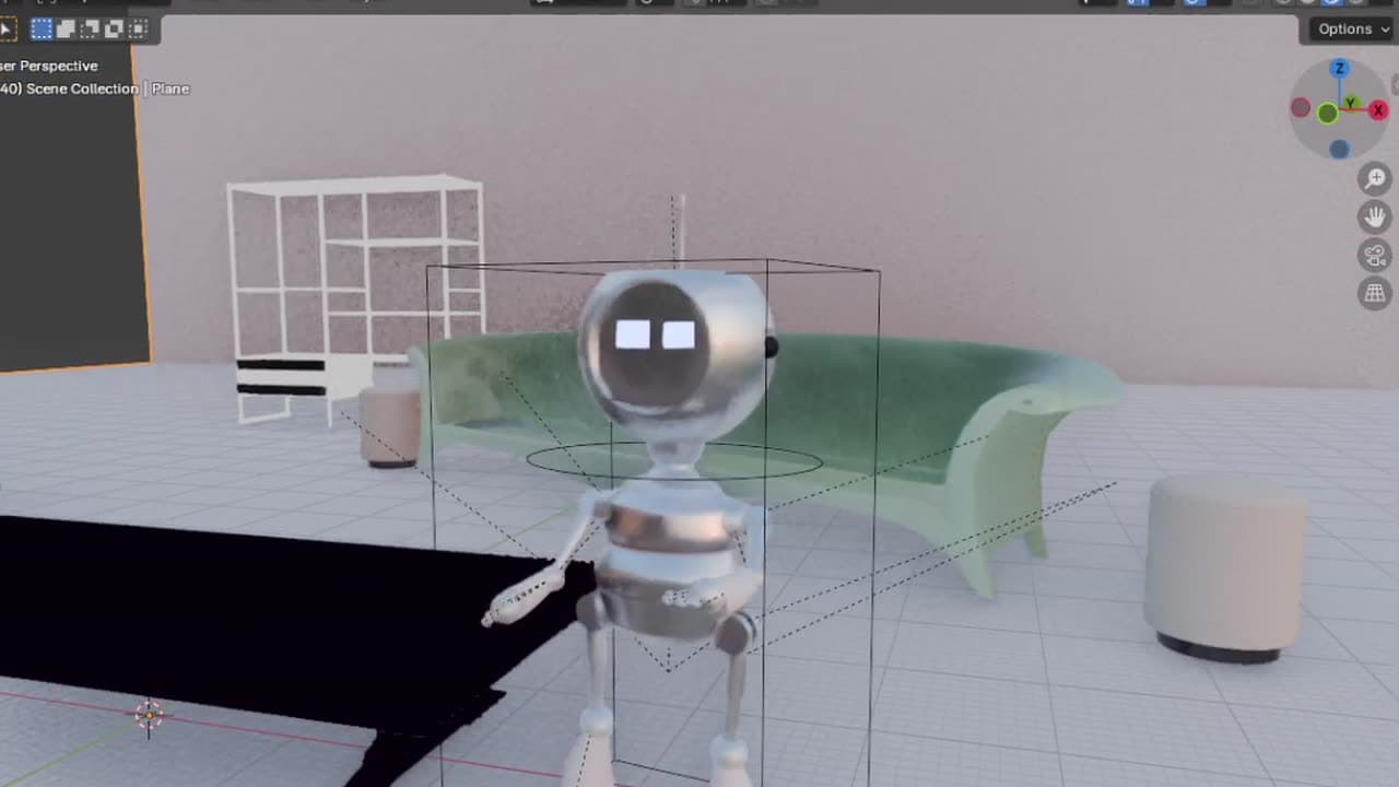 A silver humanoid housekeeper robot in a modelled living room