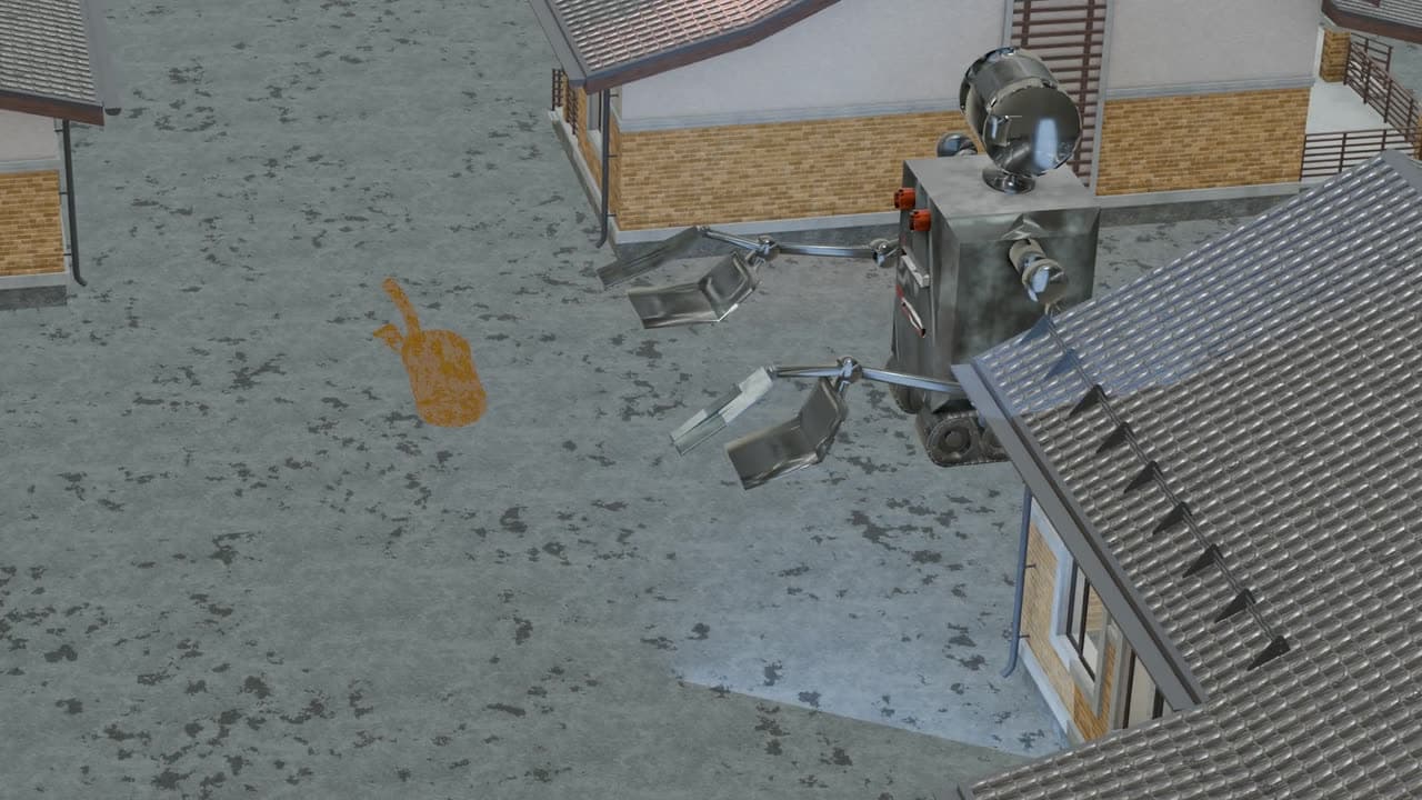 A rendered metal robot on tracks scooping debris between houses