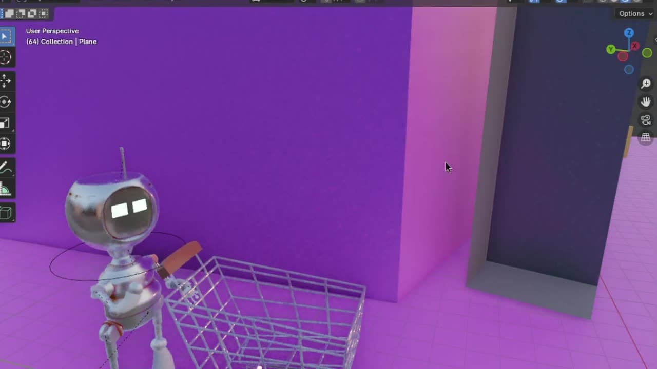 A silver robot pushing a shopping trolley in a modelled shop