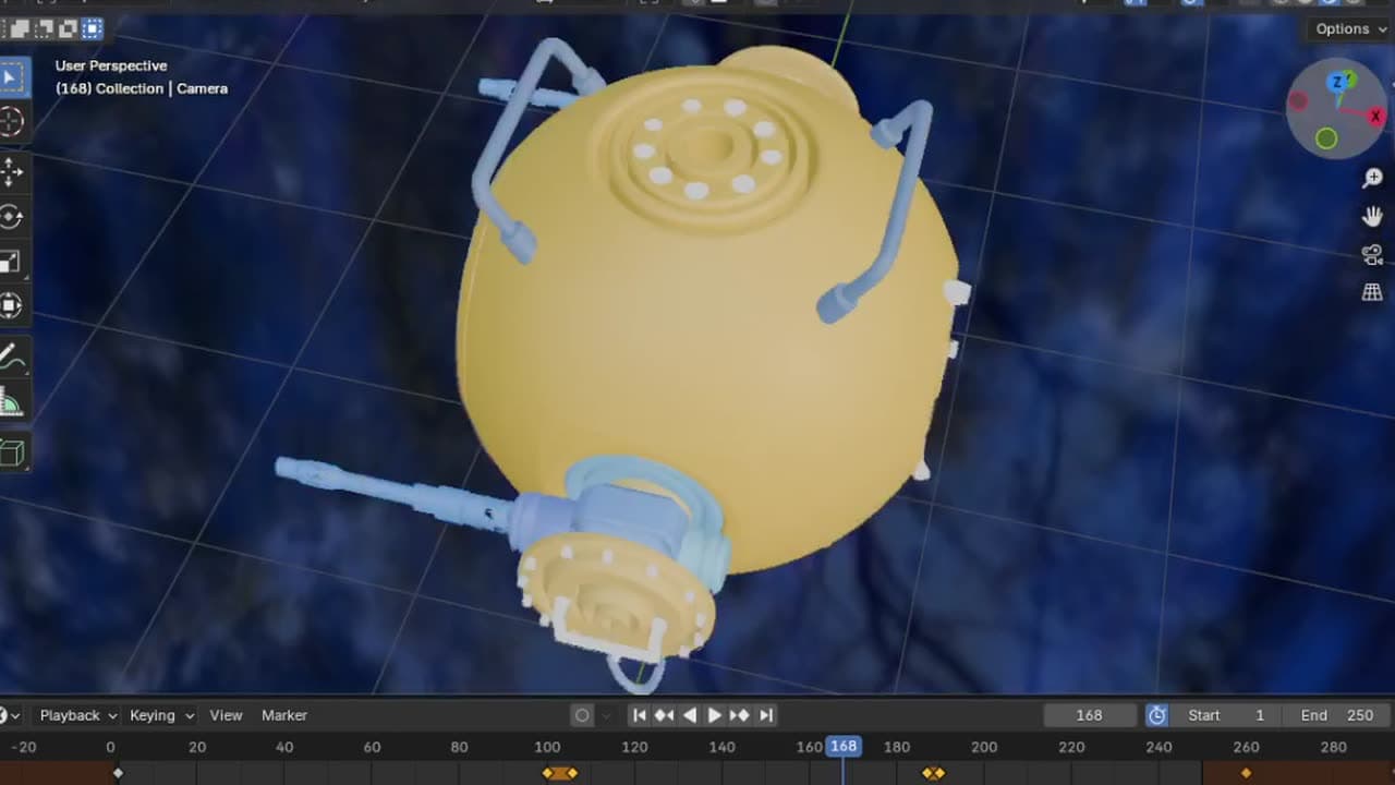 A yellow spherical underwater robot with twin thrusters, modelled in Blender