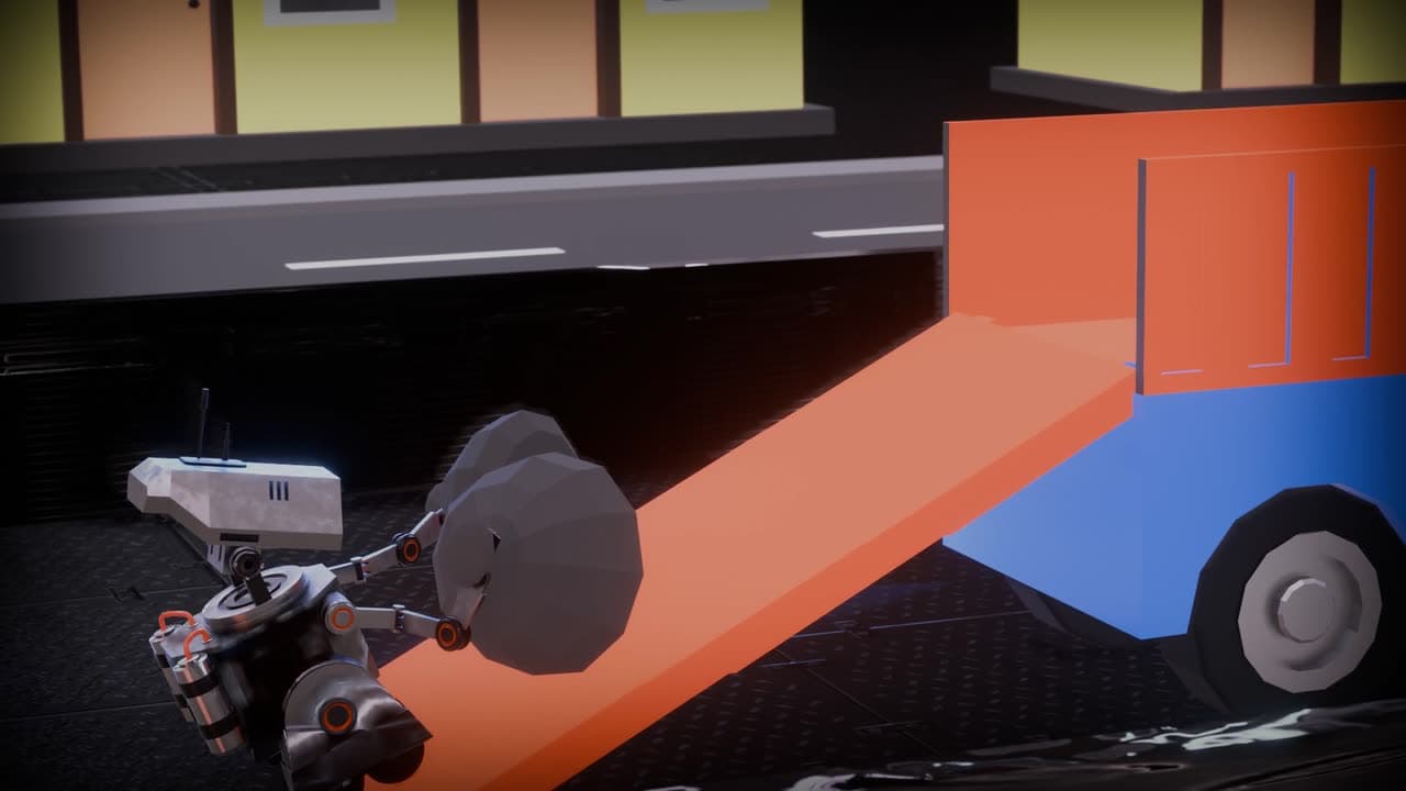 A rendered waste-collection robot climbing a ramp into a collection truck on a city street