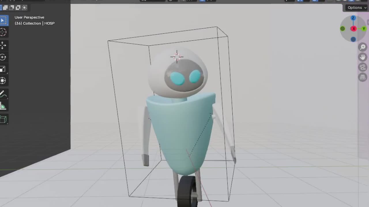 A small turquoise and white robot balanced on a single wheel